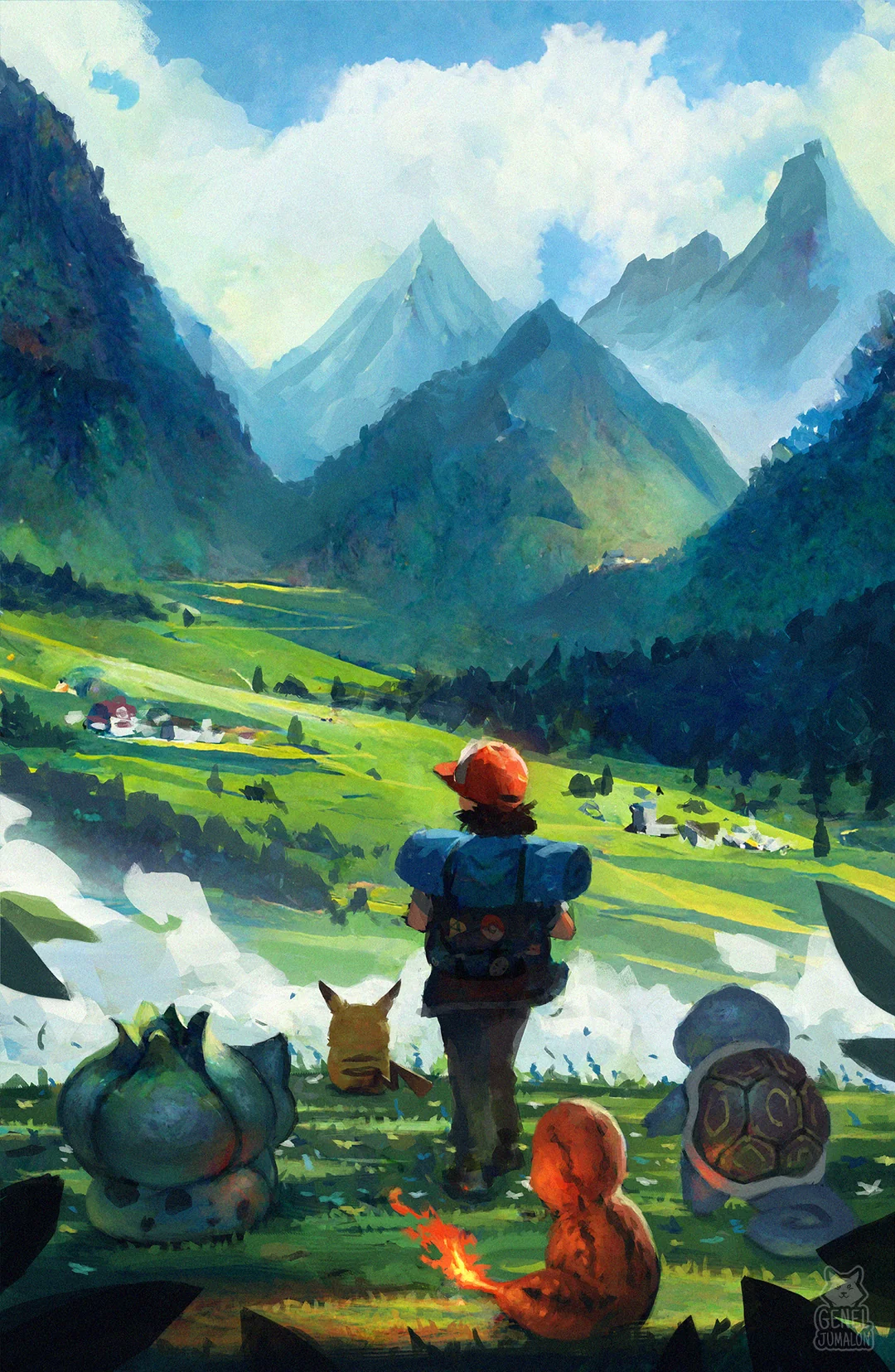 Treinador iniciando uma aventura em uma grande paisagem